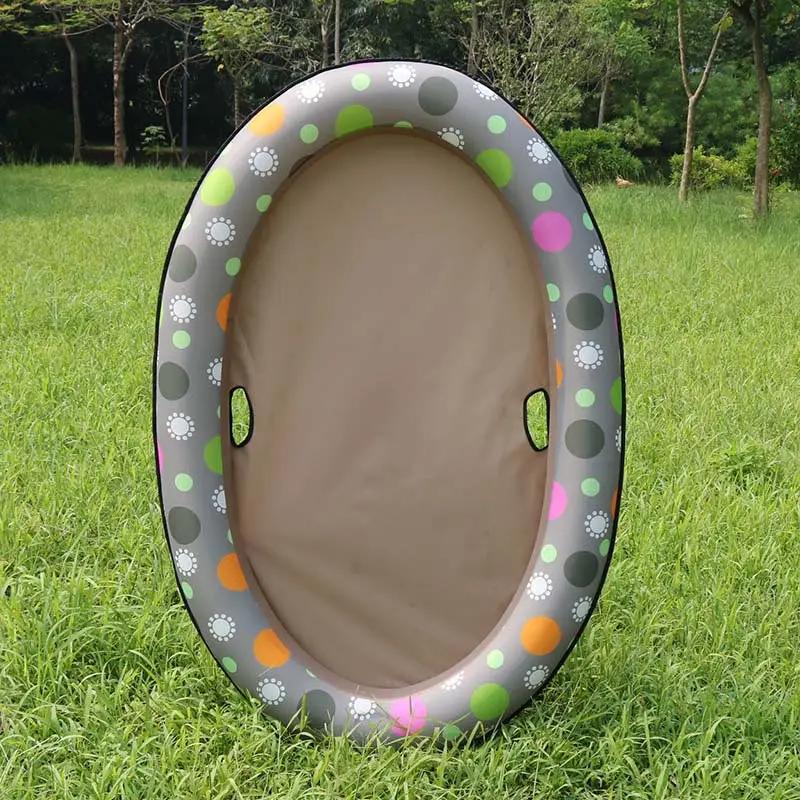 Dog inflatable pool hammock float by AdTec, gray ring with multicolor dots and beige interior.