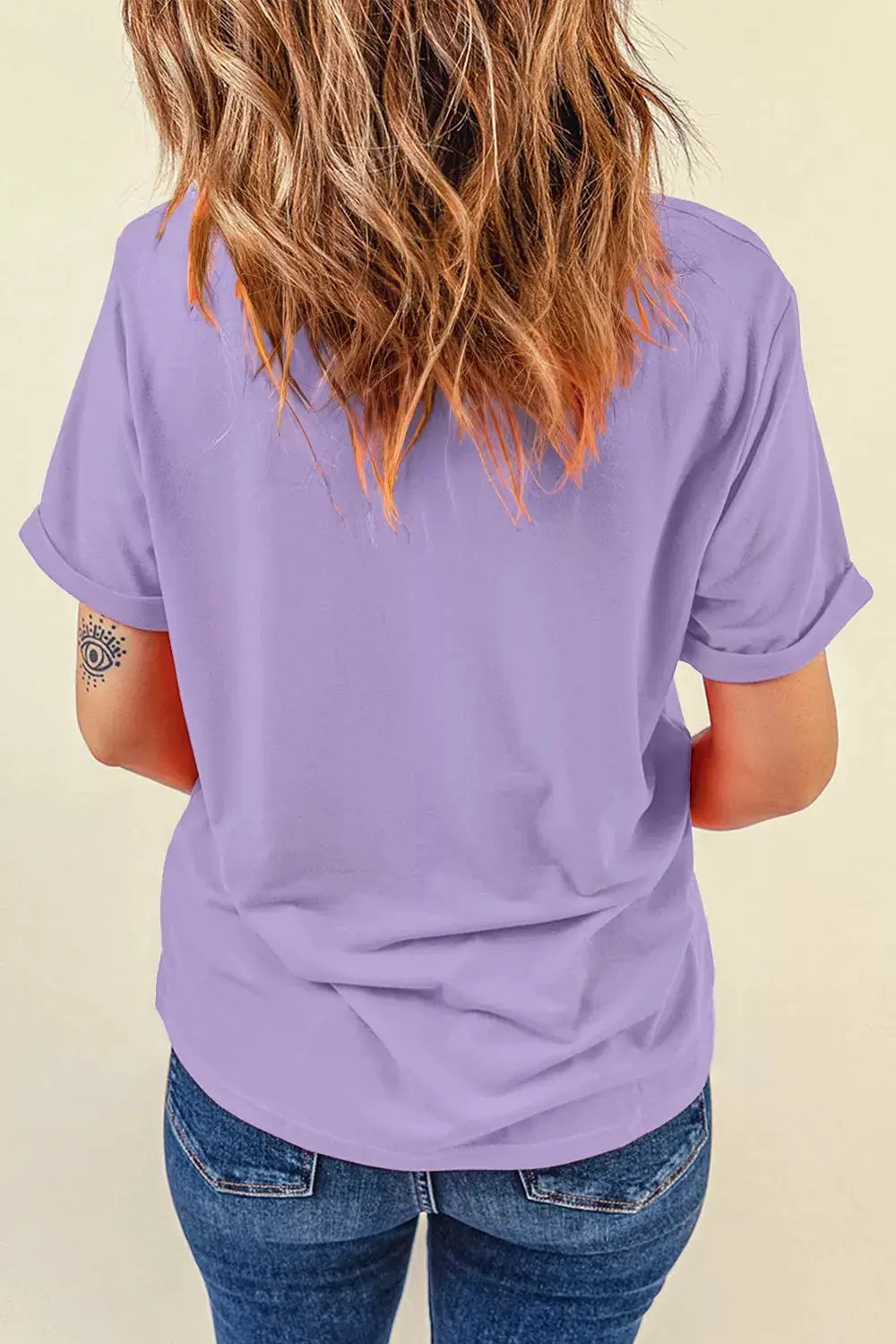 Plus-size lavender cotton-blend T-shirt, back view with rolled sleeves