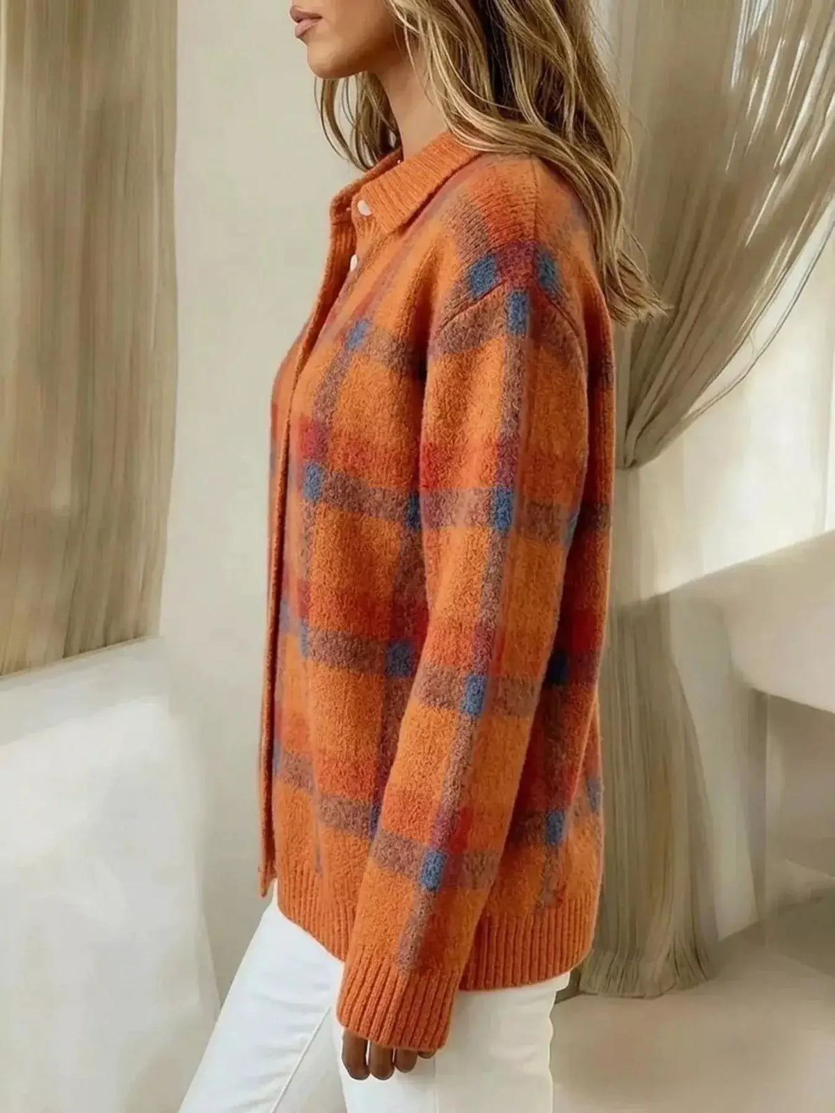 Cardigan, stretchy acrylic knit in orange plaid with blue accents, button-front styling
