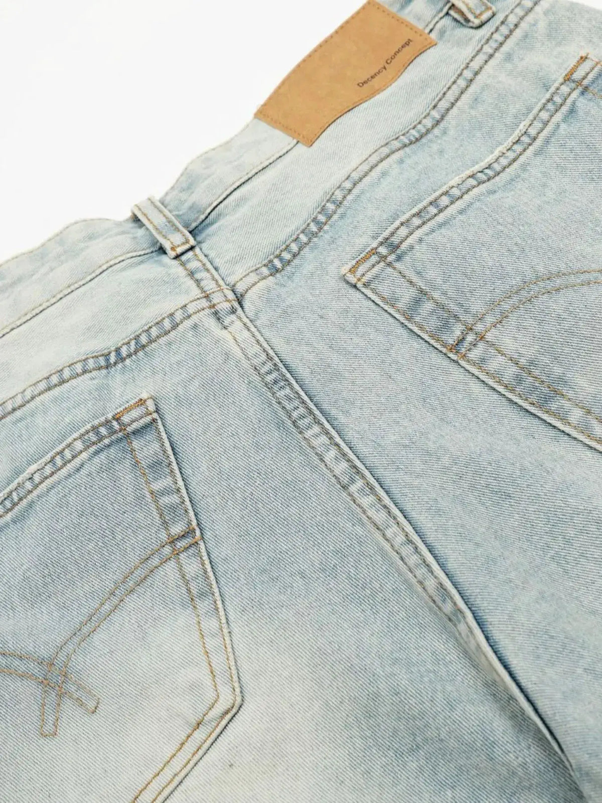 Mens wide-leg denim shorts, light wash, relaxed fit with back pockets