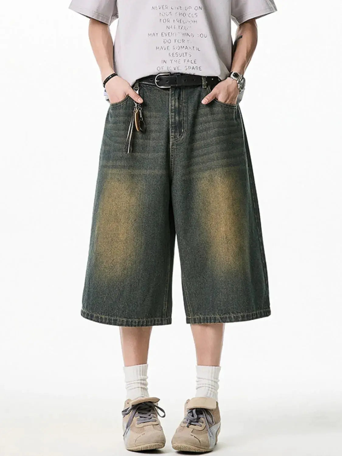 Men's plus-size stretchy denim shorts with deep pockets, dark-wash knee-length, belt.