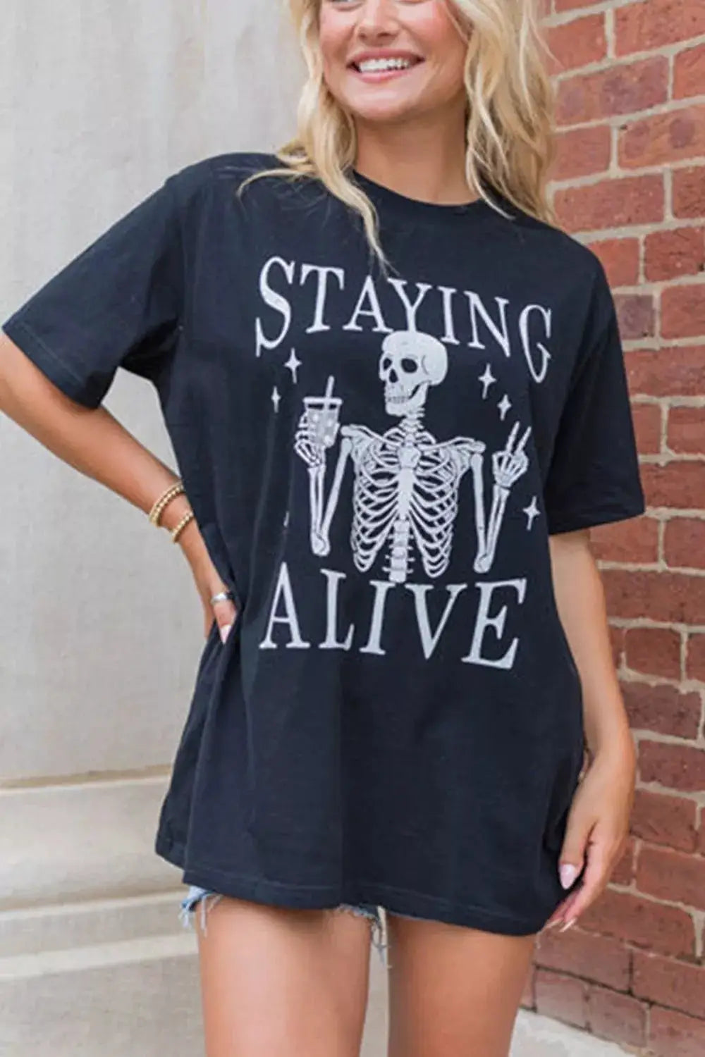 Staying Alive skeleton graphic black crew-neck T-shirt, oversized fit