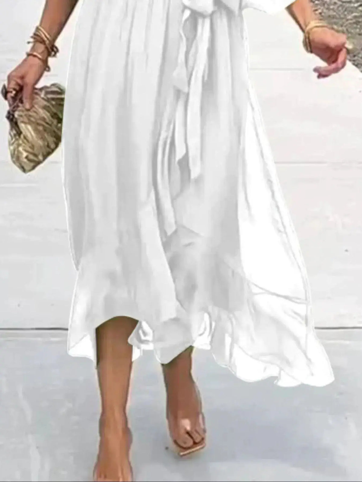 Plus-size white flowy tie-front midi dress with flutter sleeves, Trendsi