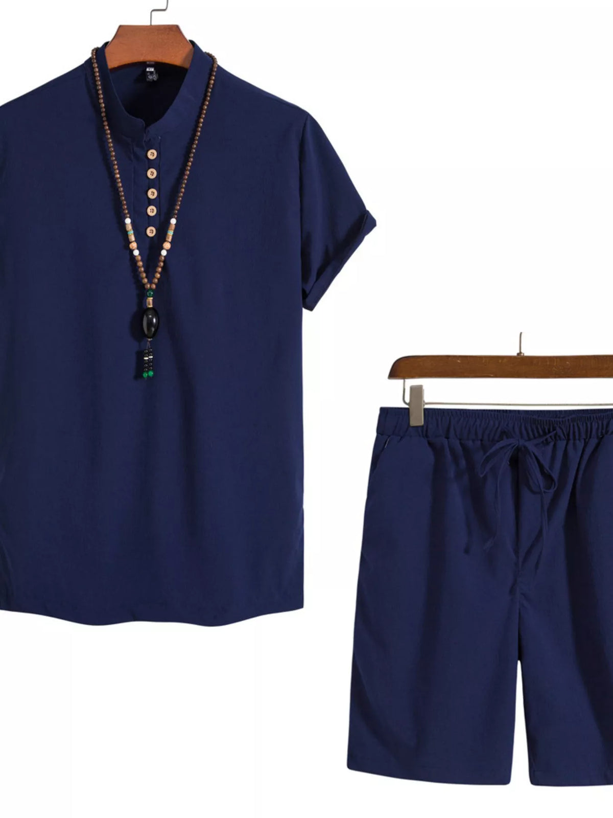 Men's plus-size navy Mandarin-collar short-sleeve shirt and shorts set by Trendsi