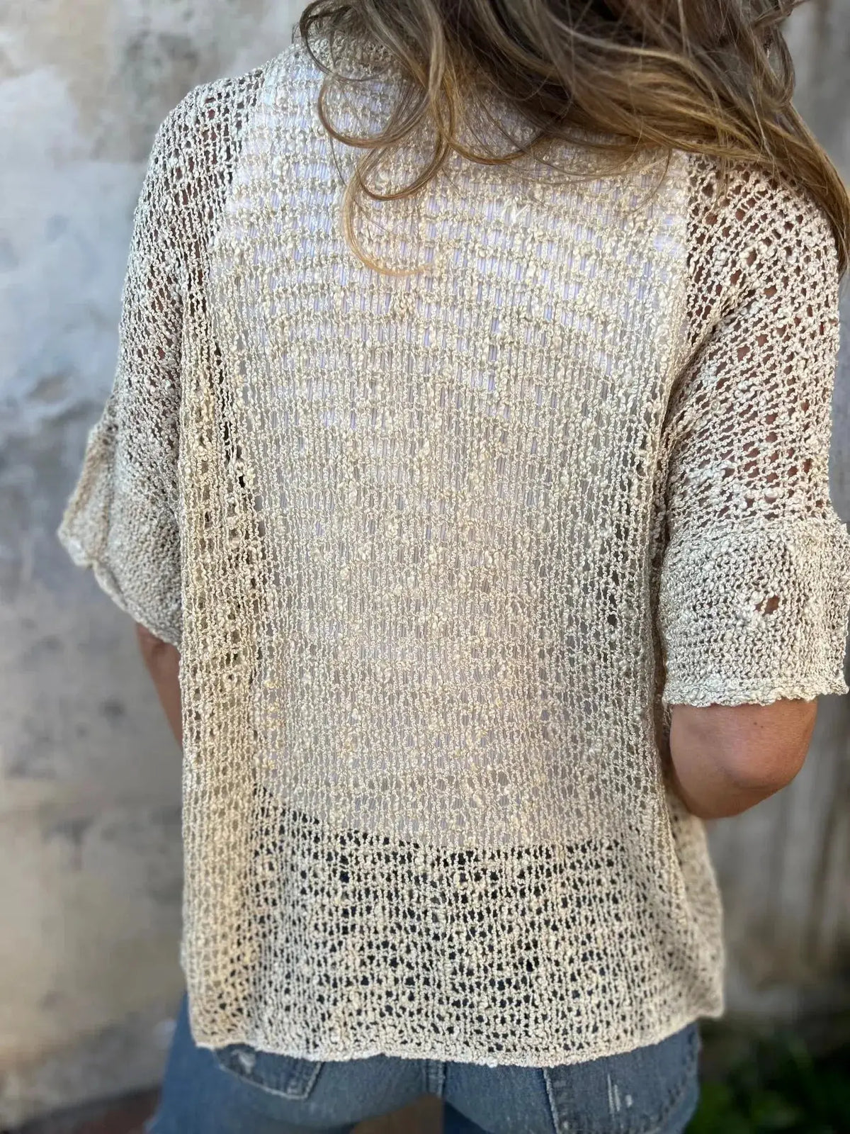 Plus Size One Button Openwork Cardigan in beige sheer knit by Trendsi