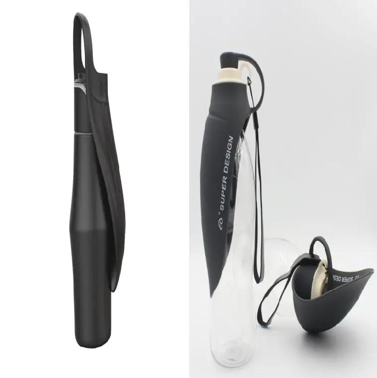 Portable dog water bottle with soft silicone leaf design, black body and attached strap.