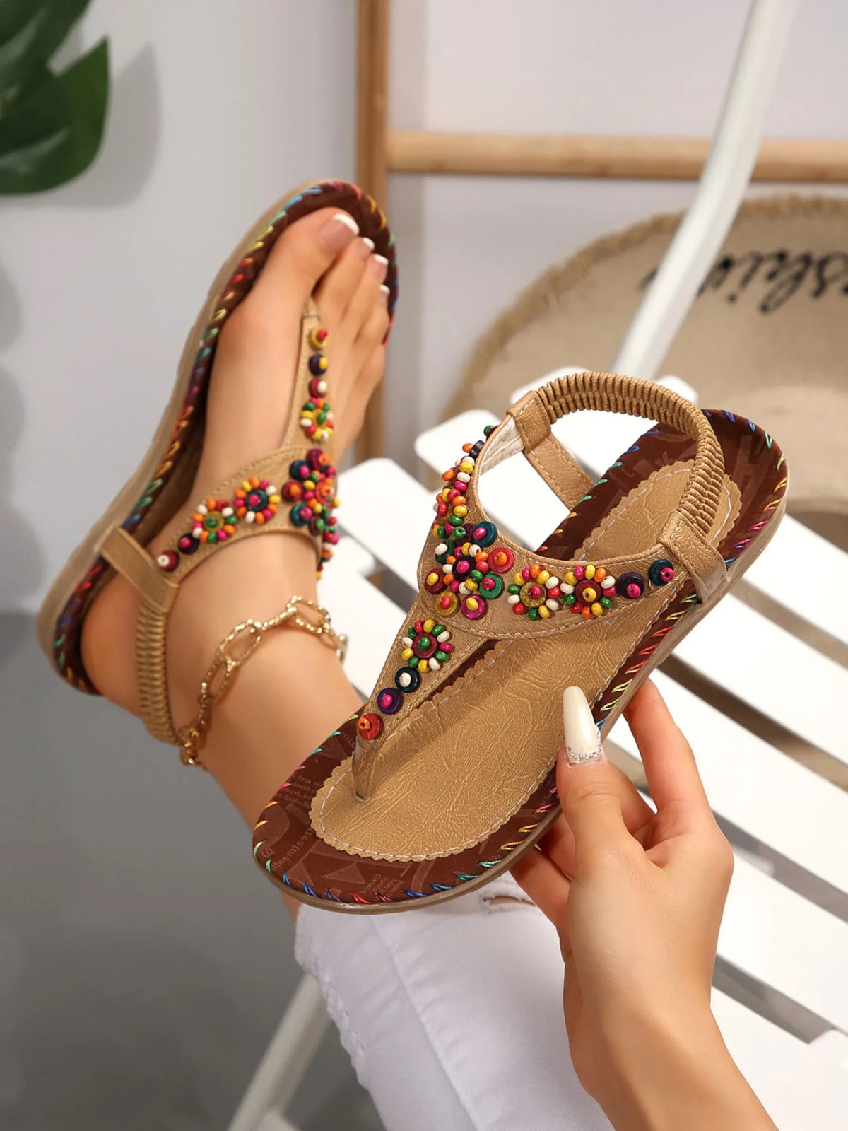 Colorful Beaded T-Strap Flat Sandals, tan/beige with multicolor bead accents