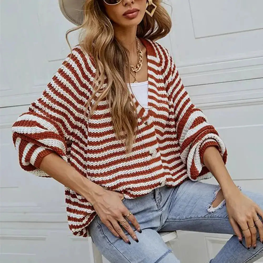 Premium striped button-front cardigan, oversized long sleeves in rust and white soft stretchy knit.