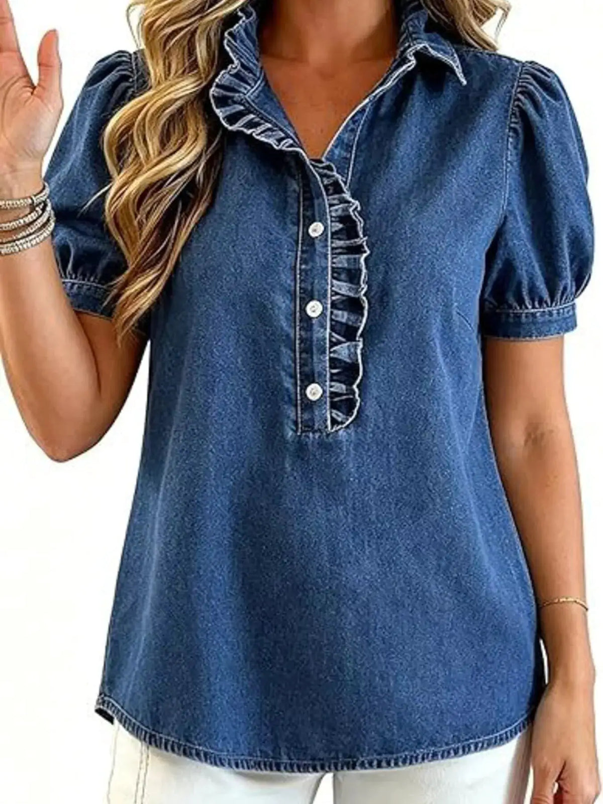 Frill puff-sleeve denim top with front button closure in blue