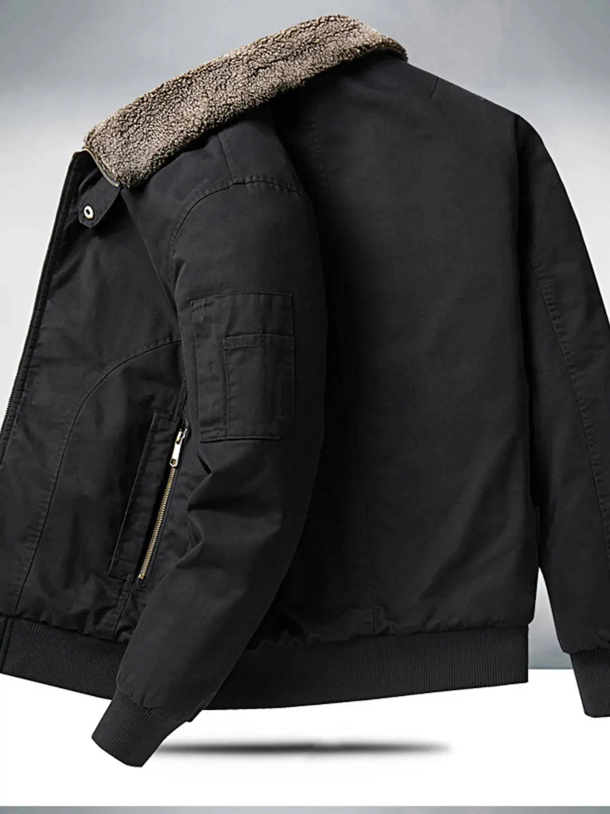 Men's plus size sherpa-lined zip-up jacket in black with cream sherpa collar and ribbed cuffs