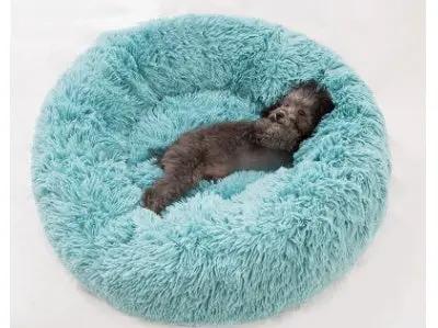 Round teal shaggy cat nest bed; plush long-hair mattress for winter.