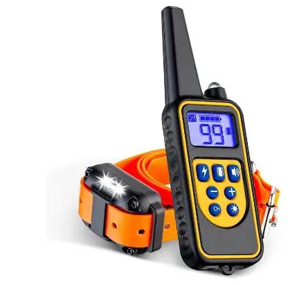 Remote control dog training device and orange AdTec collar with blue LCD display