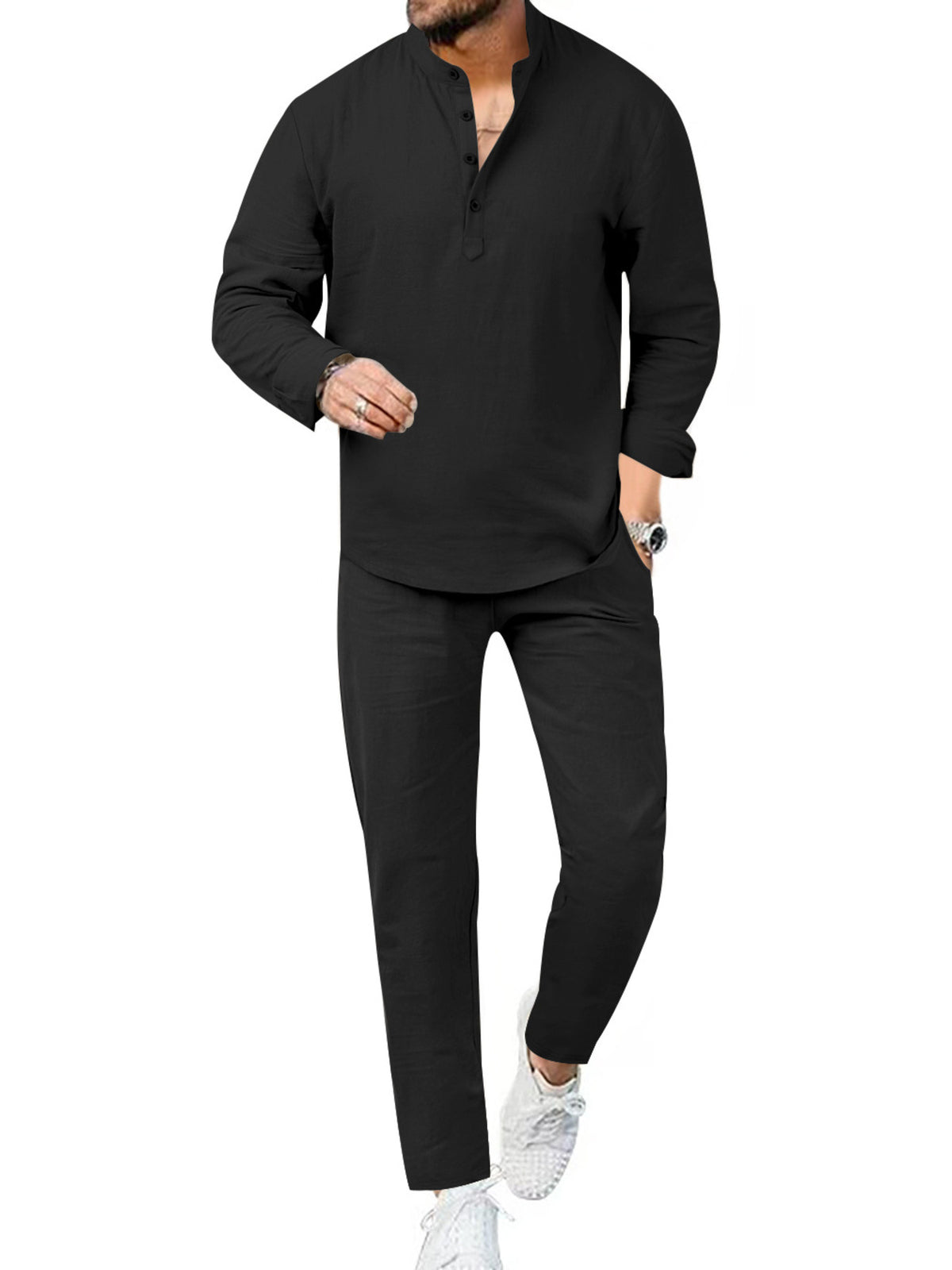 Men's plus-size black casual long-sleeve shirt and pants 2-piece set