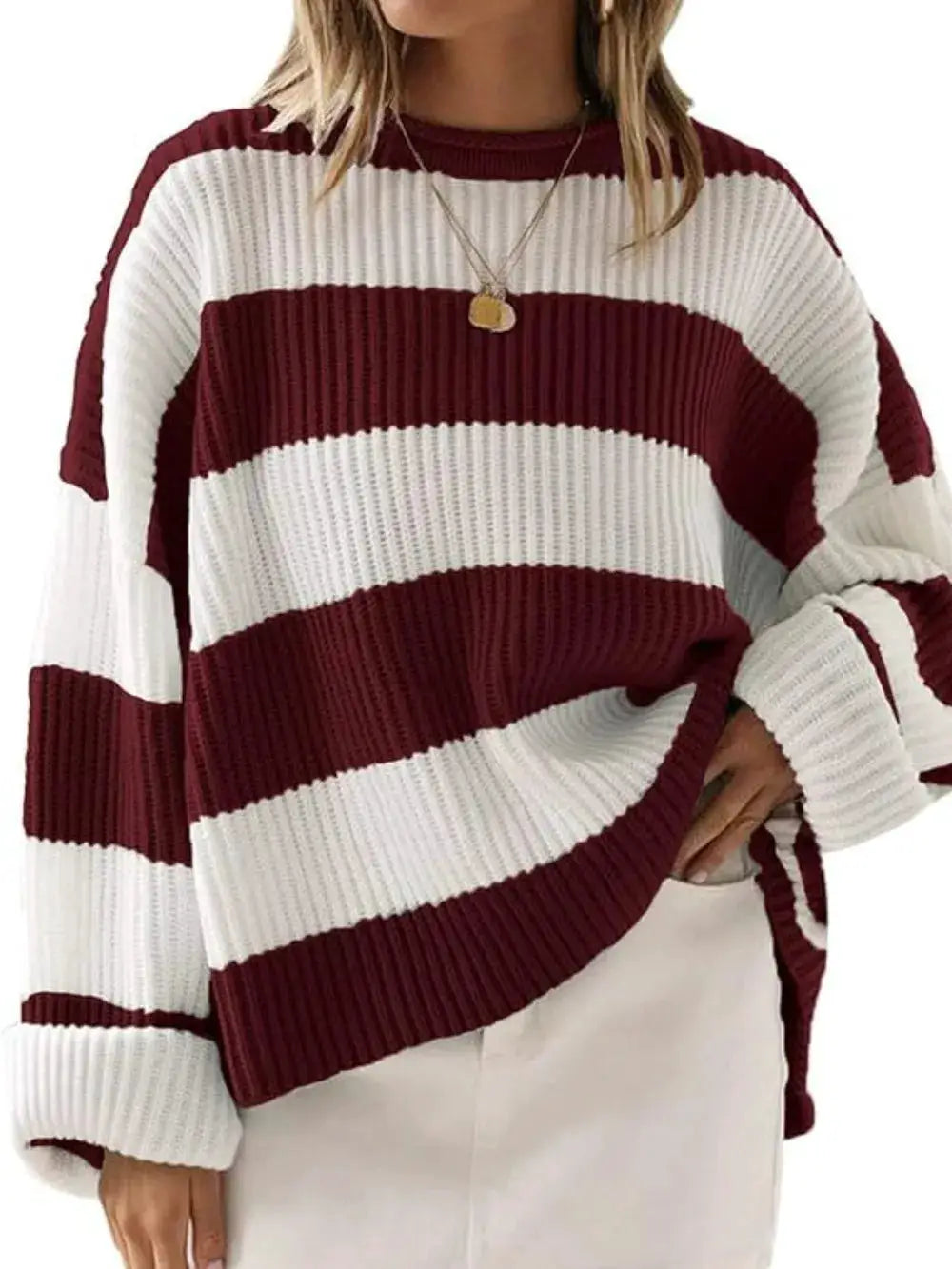Essential Round Neck Long Sleeve Soft Stretch Sweater in burgundy and white striped chunky rib knit textured fabric