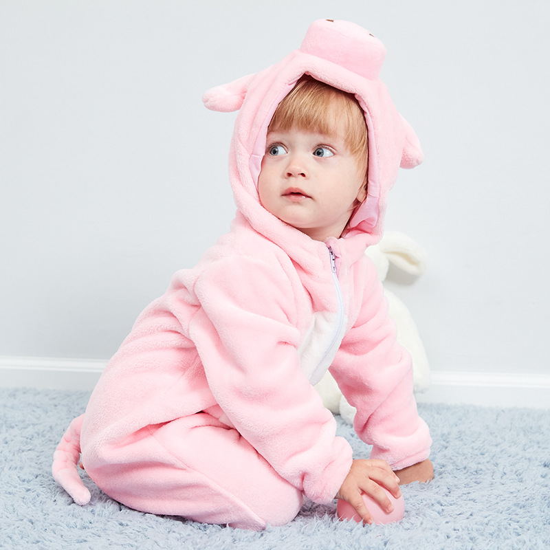 Baby animal jumpsuit, pink plush fabric, AdTec baby one-piece clothing.