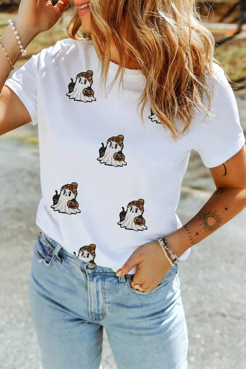 T-shirt plus-size white short-sleeve with Halloween sequin ghost prints