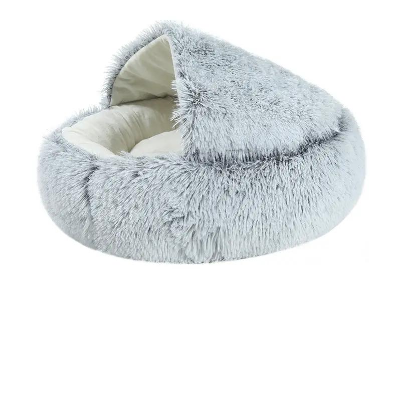 AdTec crystal velvet warm round cat bed with hood, plush gray fur.