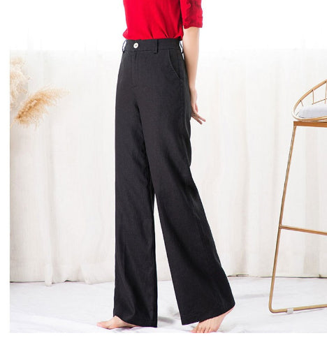 Pantalon long droit taille haute drapé ample et fin en coton et lin pour femme