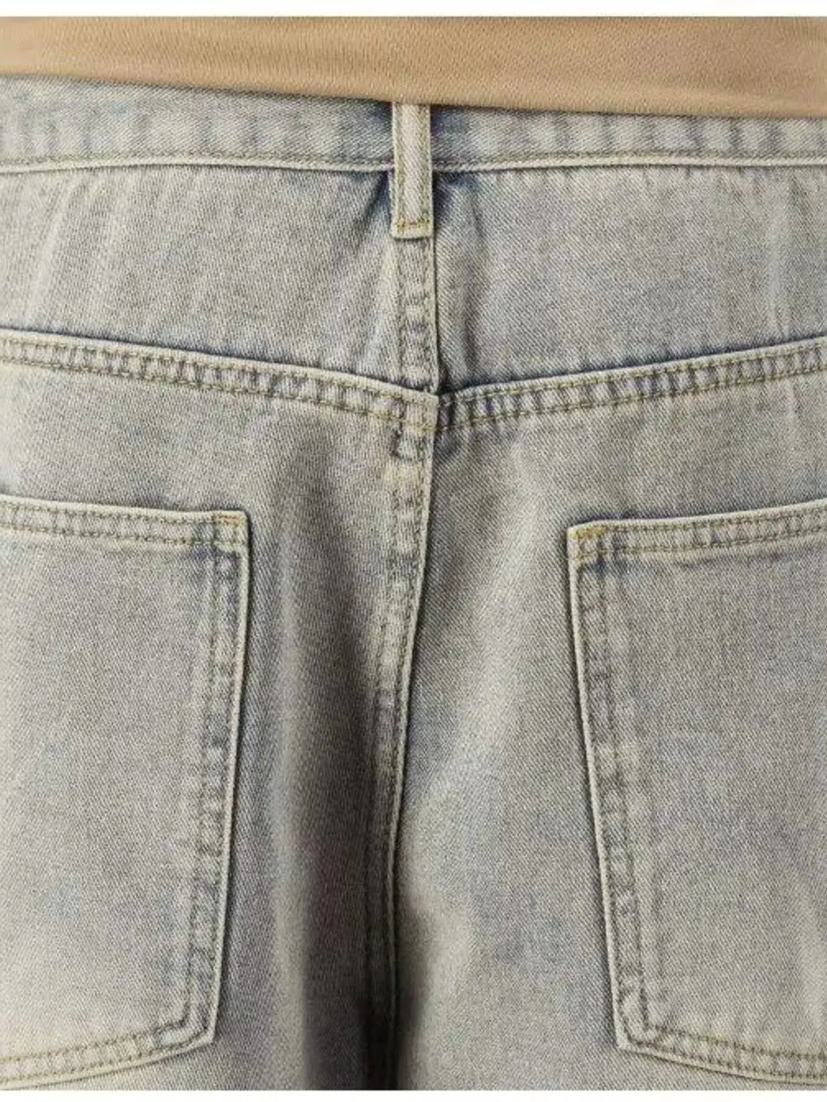 Men's light-wash denim shorts, back view with pockets, relaxed cotton fit