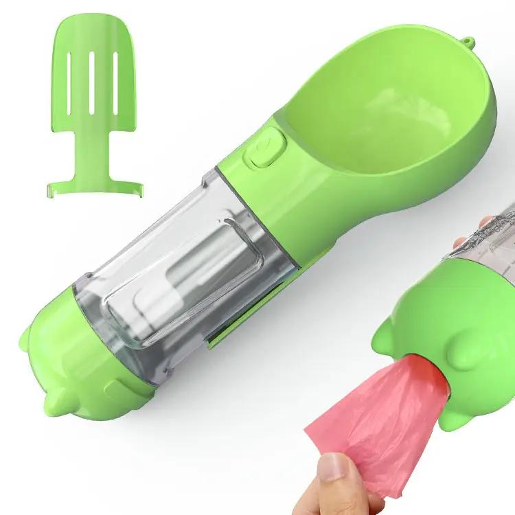 Pet water bottle feeder with green bowl and scoop, 2-piece portable travel set