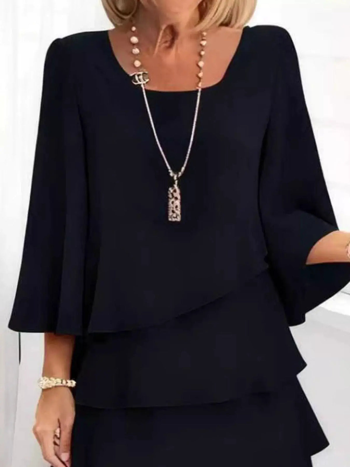 Dress by Trendsi, navy full-size ruffled layered 3/4 sleeve, plus-size