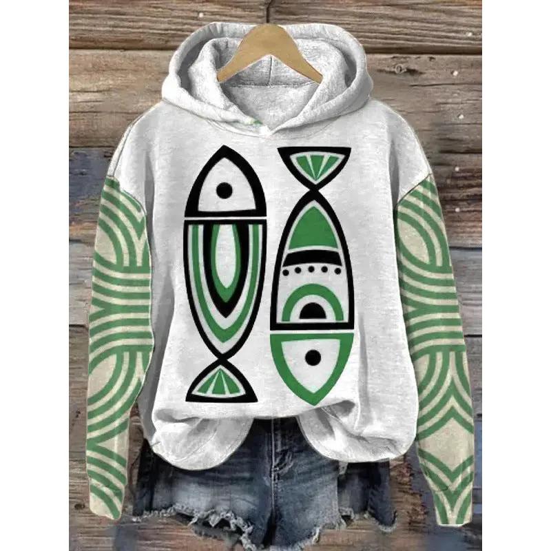 Womens Floral Hooded Long Sleeve Pullover Sweatshirt with white fleece, green geometric front print, patterned sleeves.