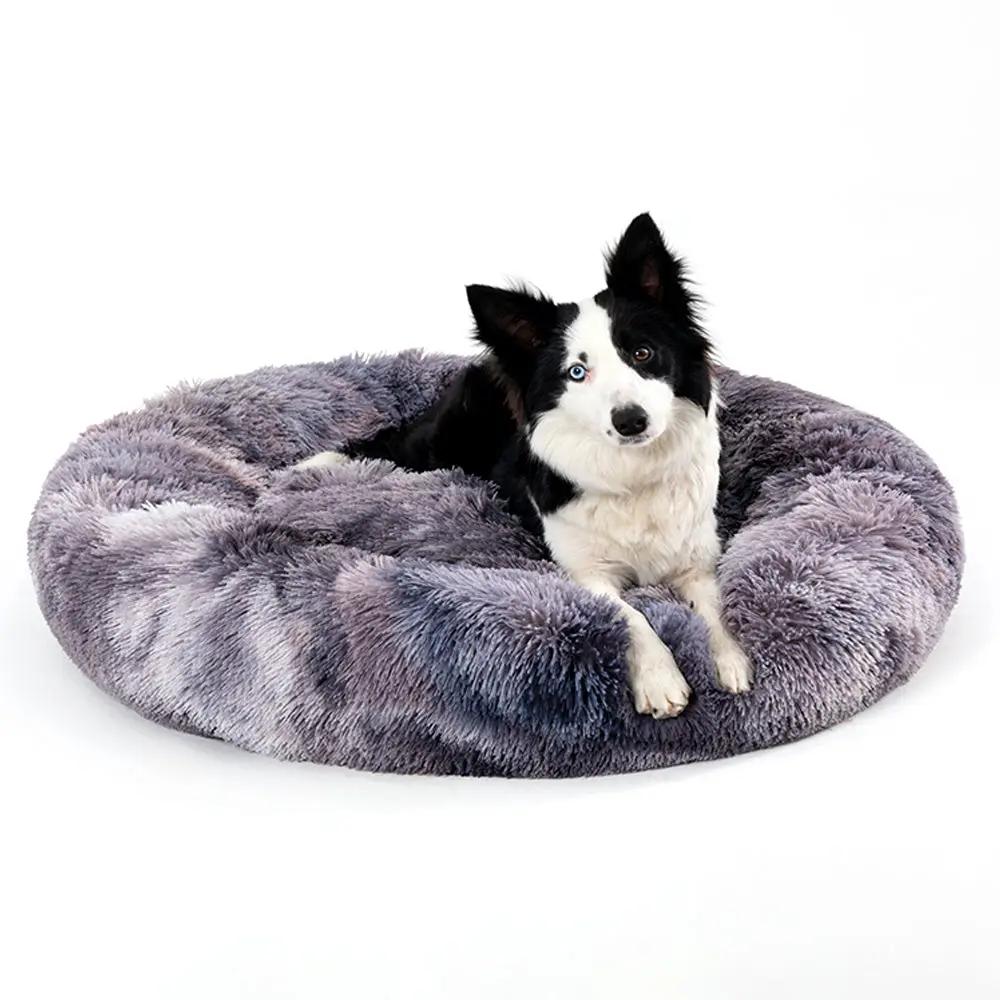 Fluffy Donut Round Dog Bed in soft gray-purple plush.