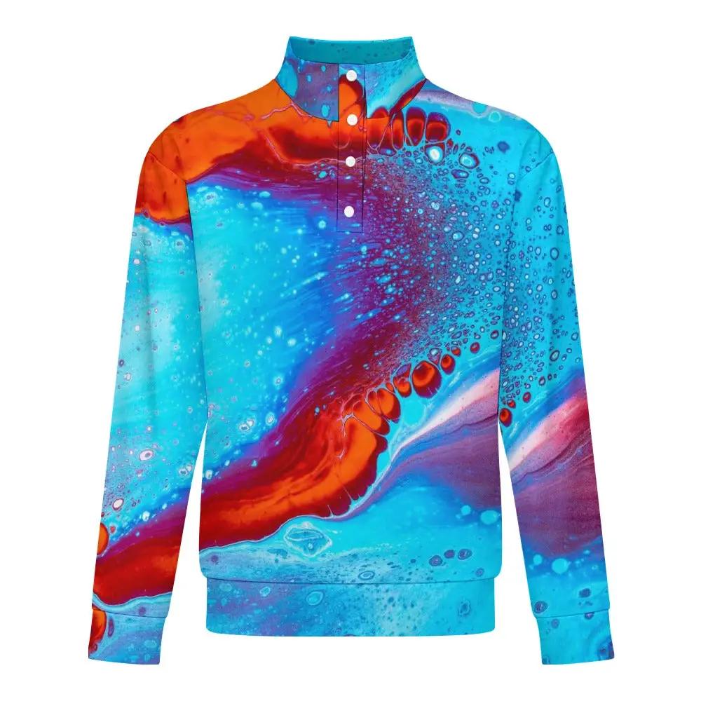 Men's Inkedjoy stand-up collar long-sleeve sweatshirt in blue/orange abstract print, soft-touch fabric.