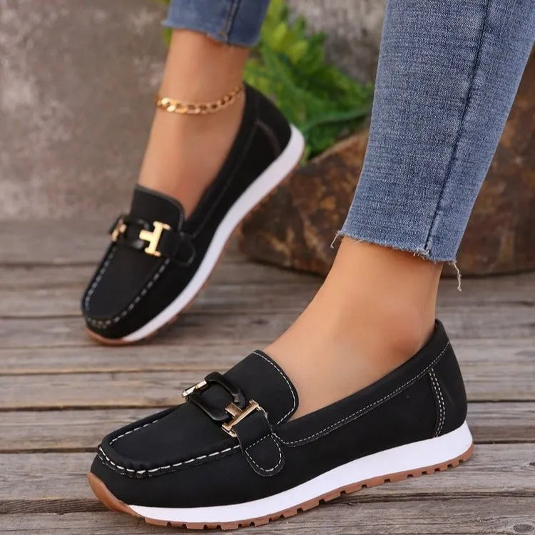 Shoes: Trendsi Round Toe Buckle Detail Slip-Ons, black with gold buckle and white sole