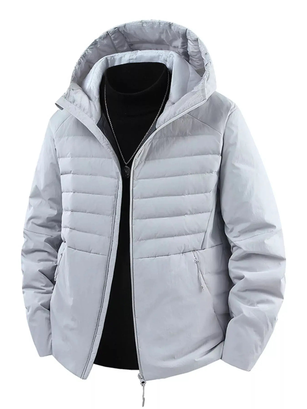 Men's Plus Size Lightweight Hooded Puffer Jacket in light gray, Trendsi; quilted front-zip design.