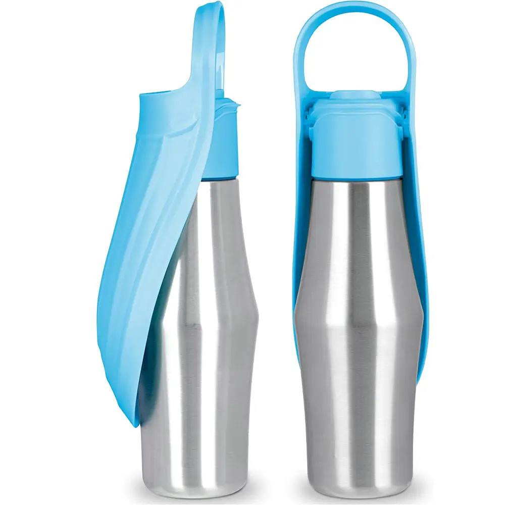 AdTec portable dog water bottle with soft blue silicone leaf design; stainless steel body, set of 2