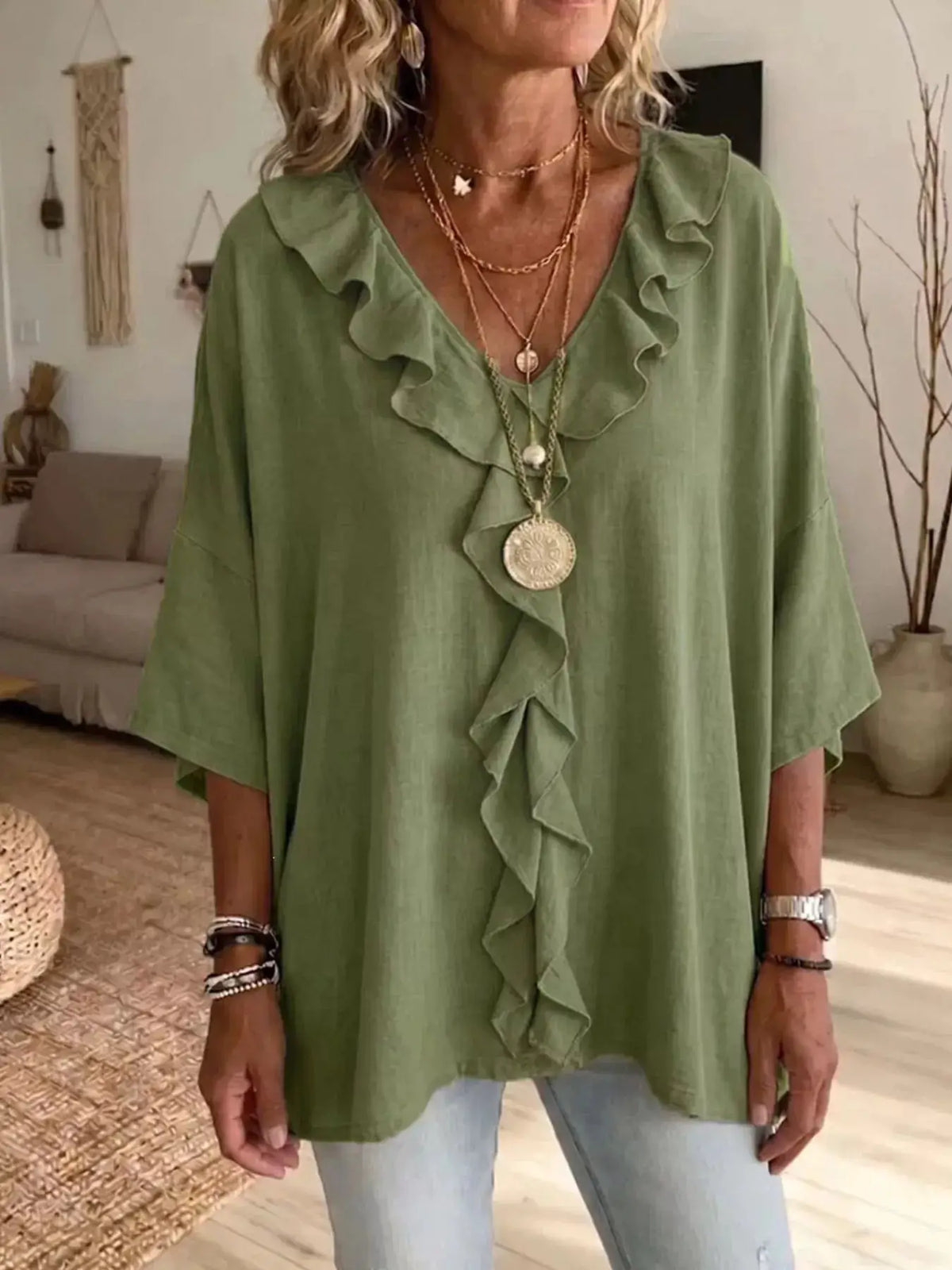 Full-size sage green ruffle V-neck blouse with 3/4 sleeves, plus-size