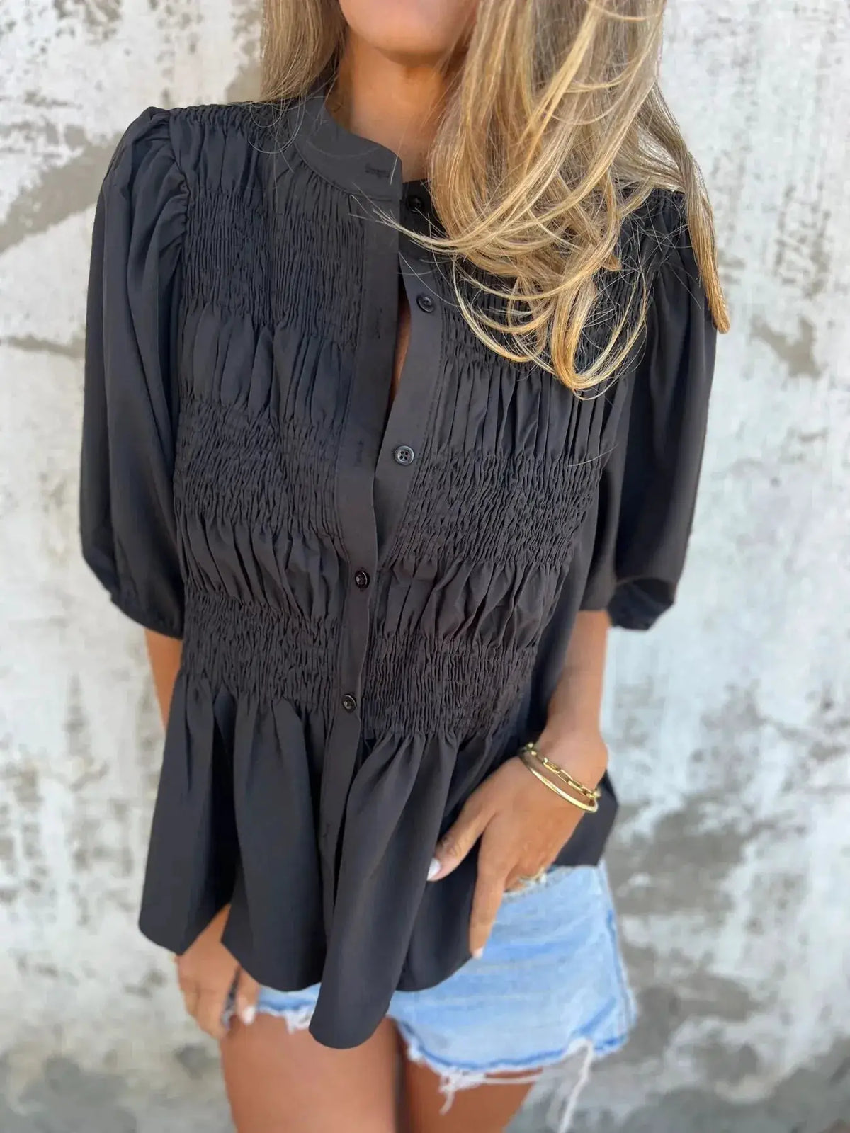 Smocked puff-sleeve blouse, plus-size, black, button-down front