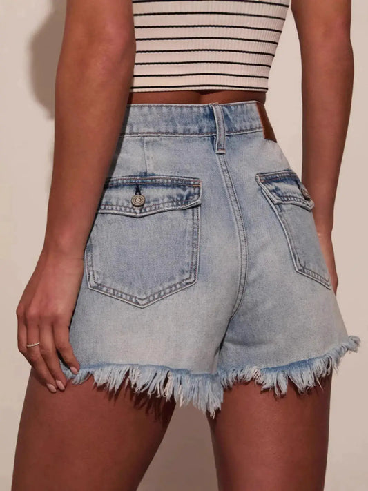 Relaxed Wash Raw Hem Denim Shorts in light blue with high waist and frayed hem