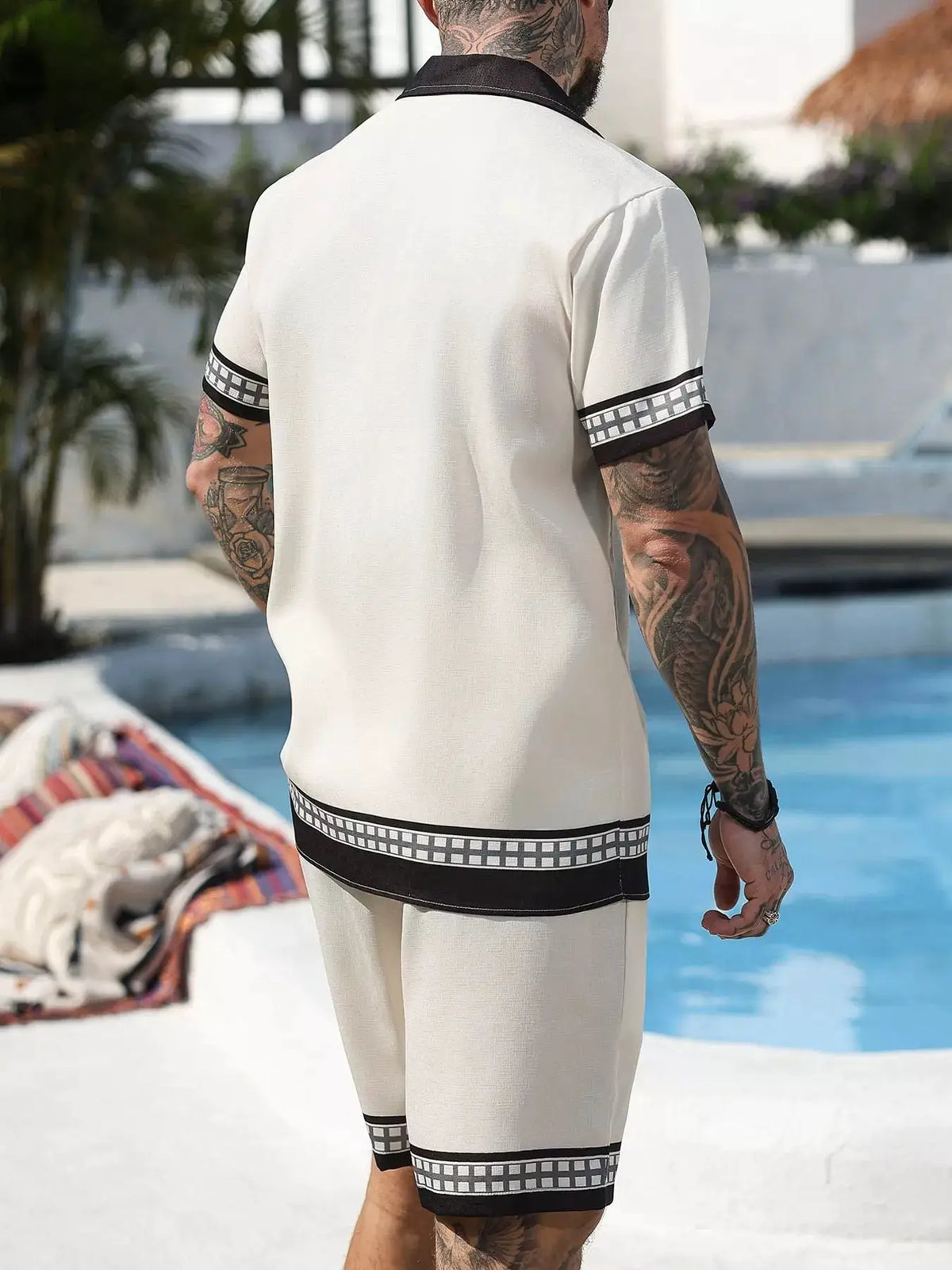 Men's tropical palm tree print short sleeve shirt and shorts set by Trendsi; white with black-gray trim