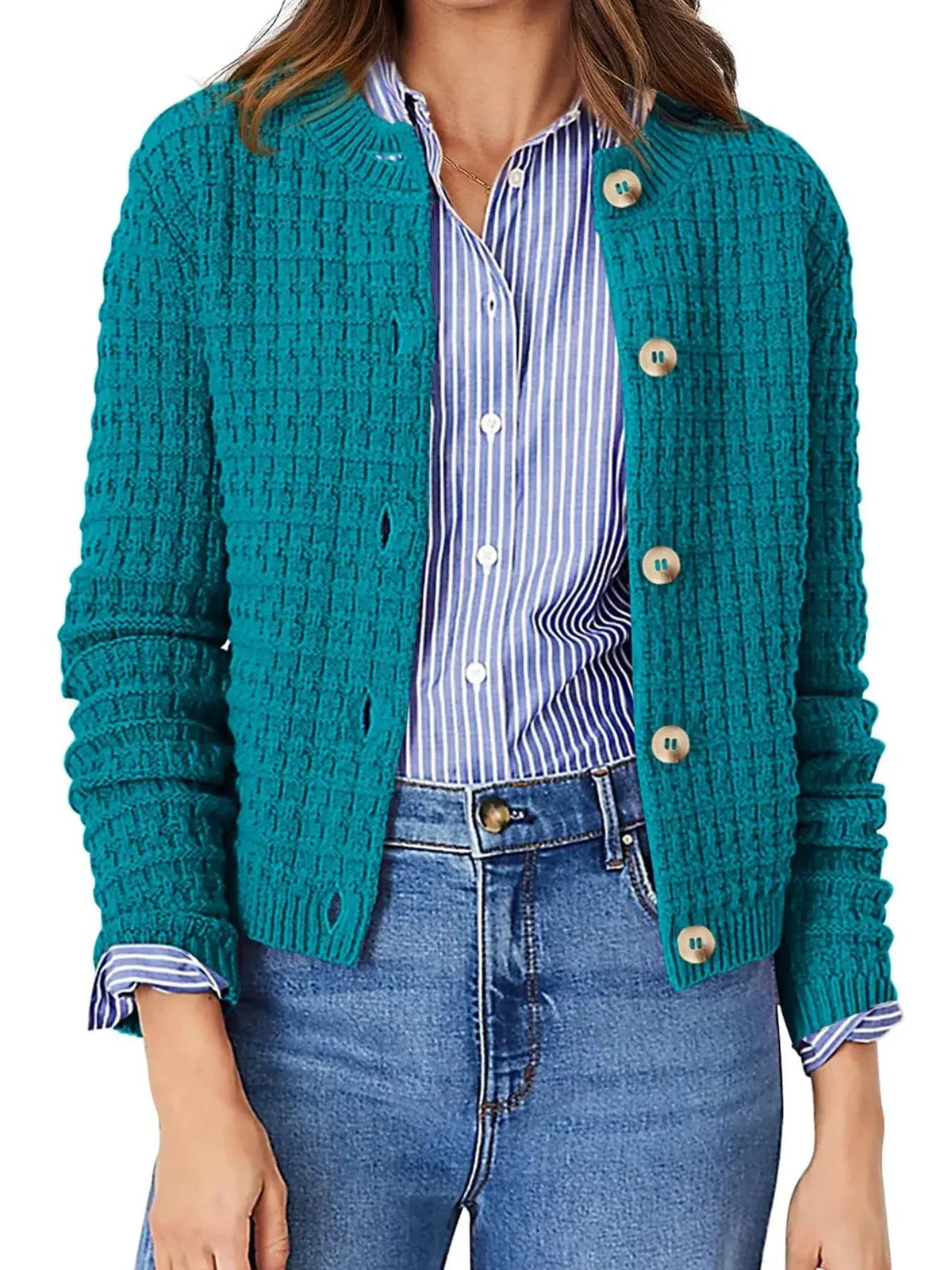 Textured stretchy knit button-front cardigan in teal, worn over a blue striped shirt.