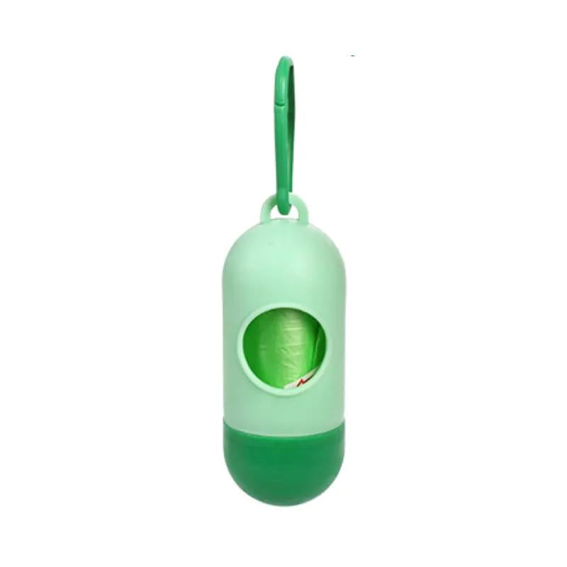 Dog poop bag dispenser by AdTec, light green body with dark green base and hanging strap