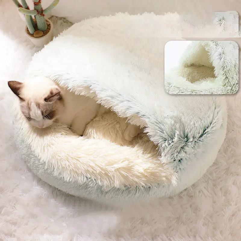 Plush shell pet nest, white fur, with a cat curled up inside