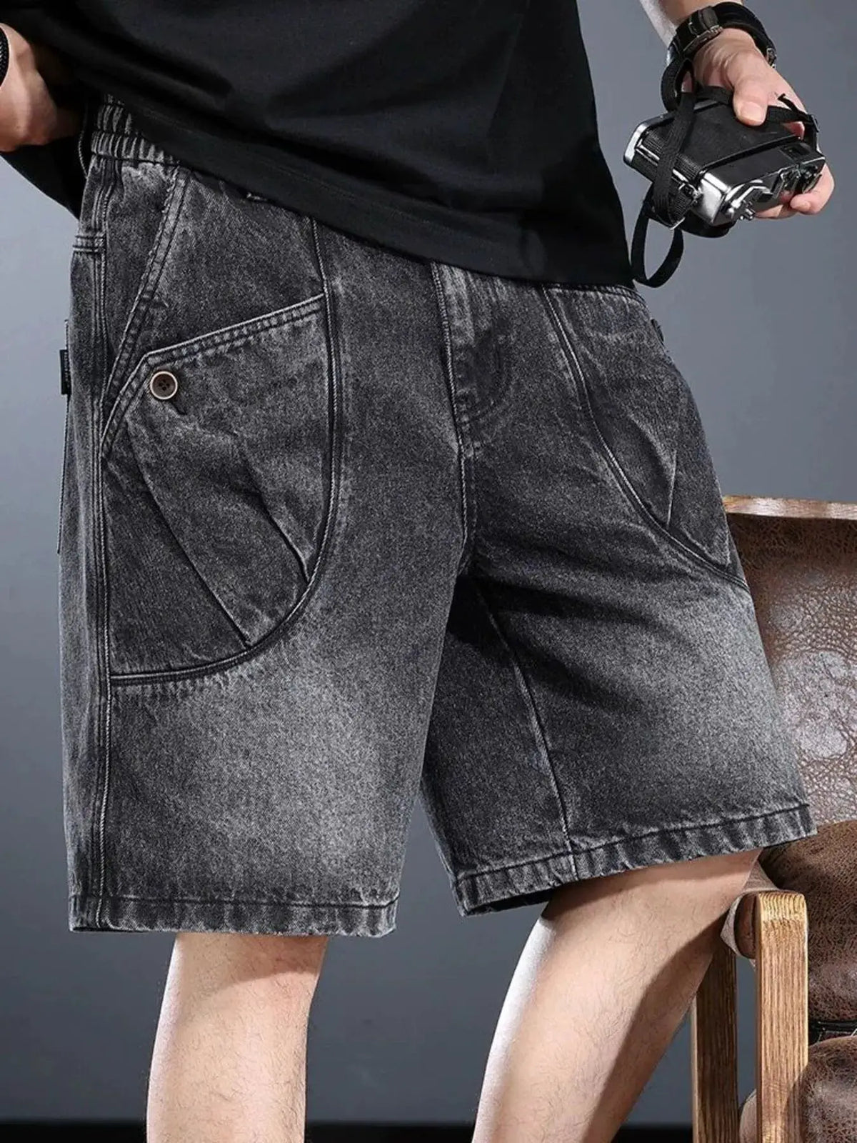 Mens Plus Size Washed Cargo Cotton Denim Shorts Relaxed Fit with cargo pockets, charcoal gray