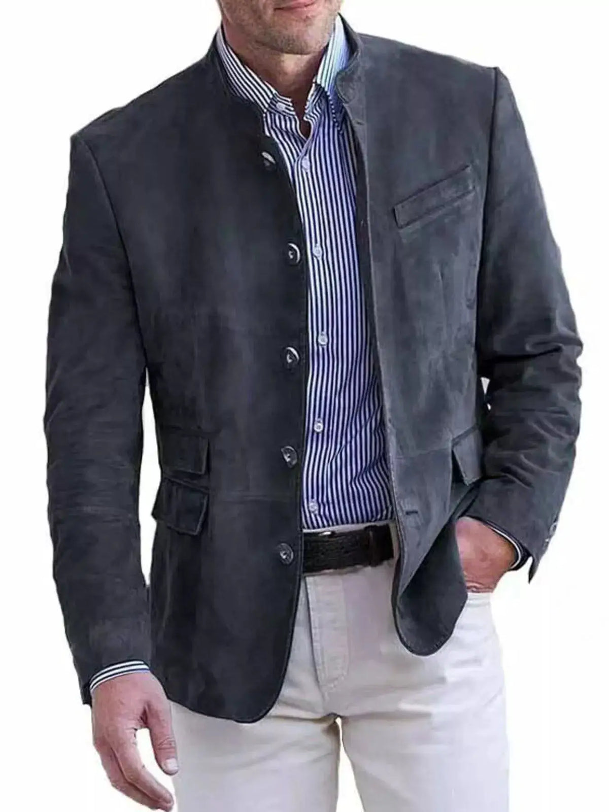 Men's plus-size button-up blazer, dark charcoal, long sleeves