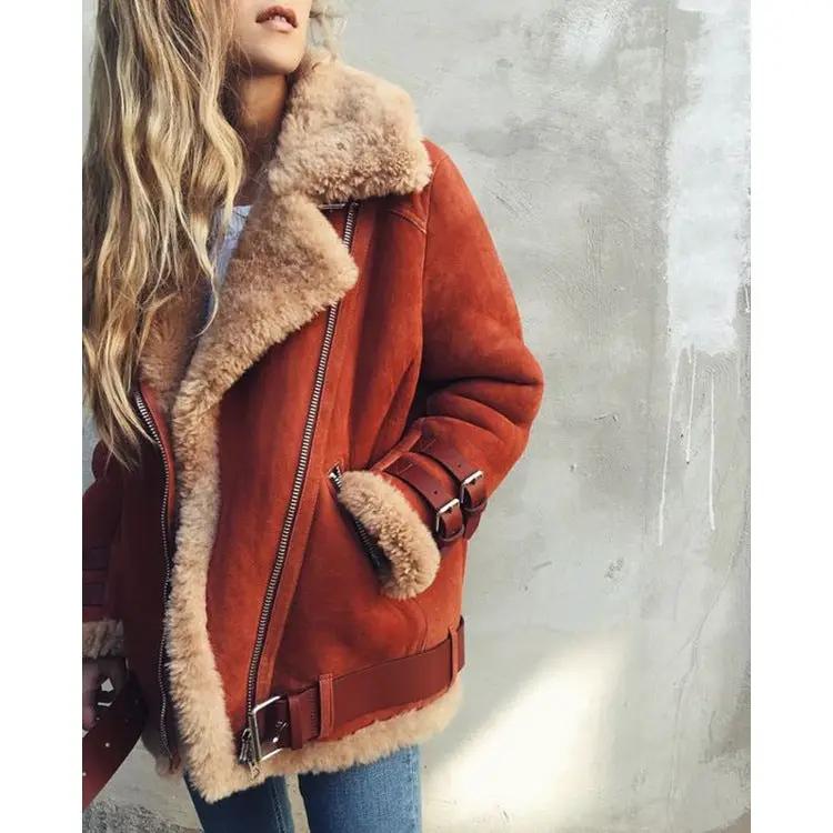 Suede leather jacket with lamb wool trim, brown shearling coat with belt details