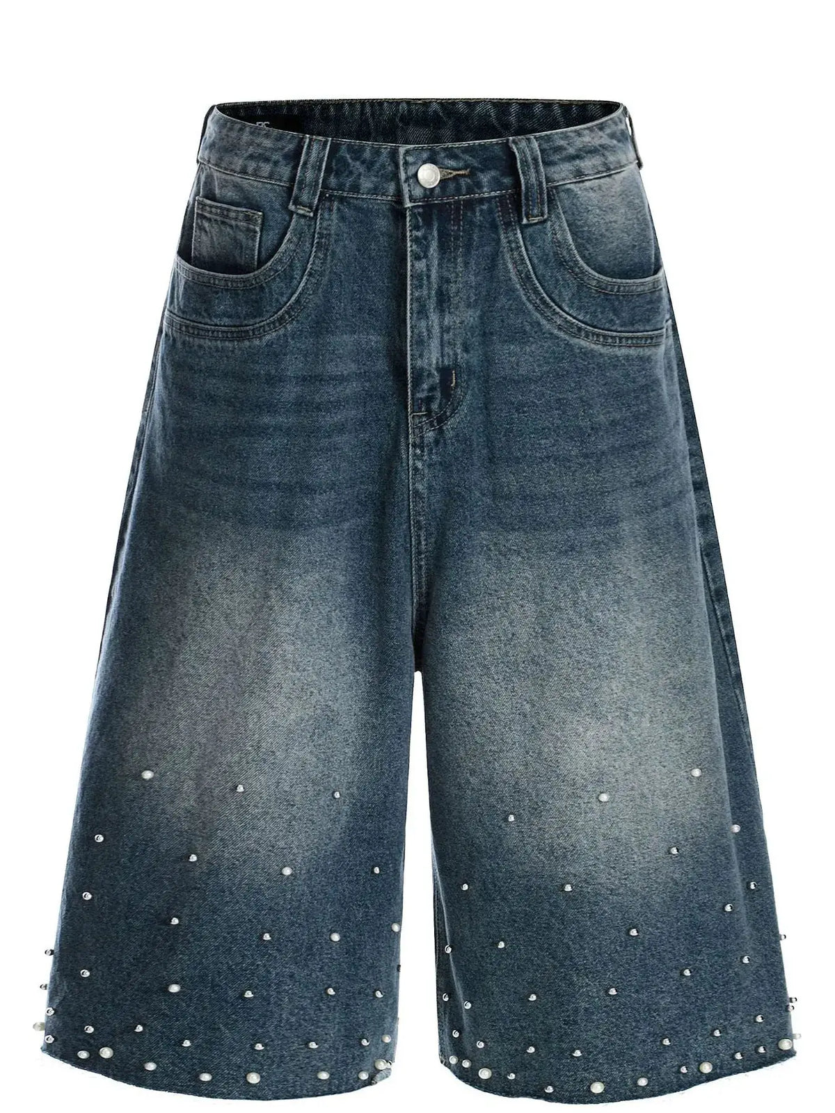 Men's relaxed wide-leg denim shorts in blue washed denim with pearl studs along the hem