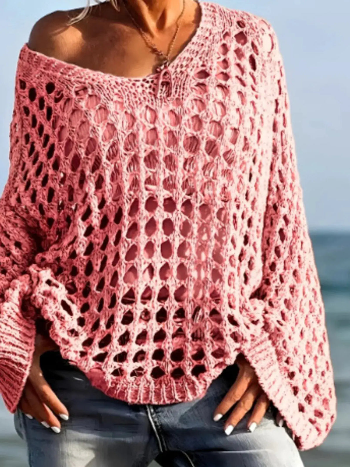 Lightweight pink crochet long-sleeve knit cover-up cardigan, oversized for beachwear