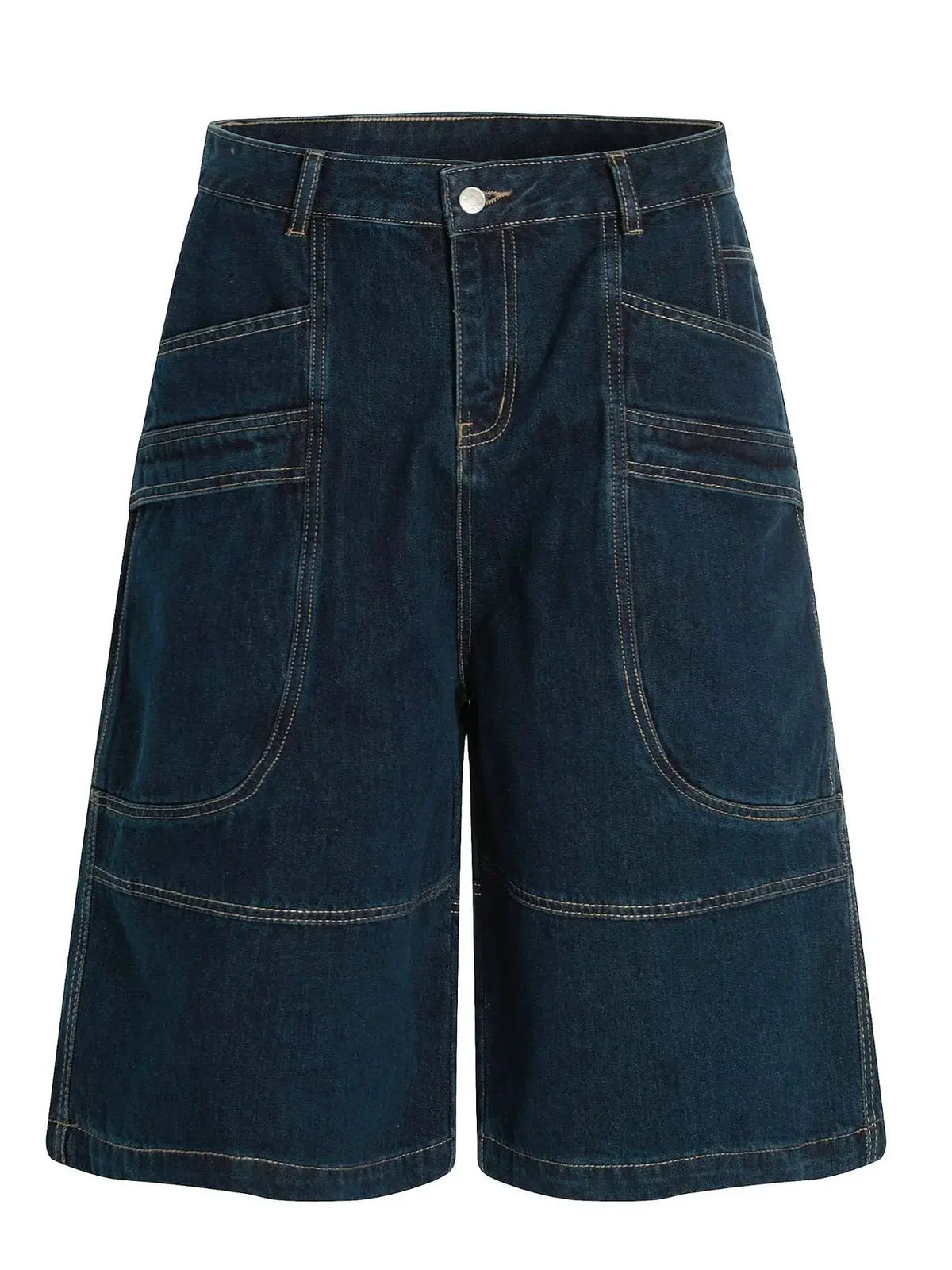 Men's wide-leg cotton denim shorts in dark blue with contrast stitching.