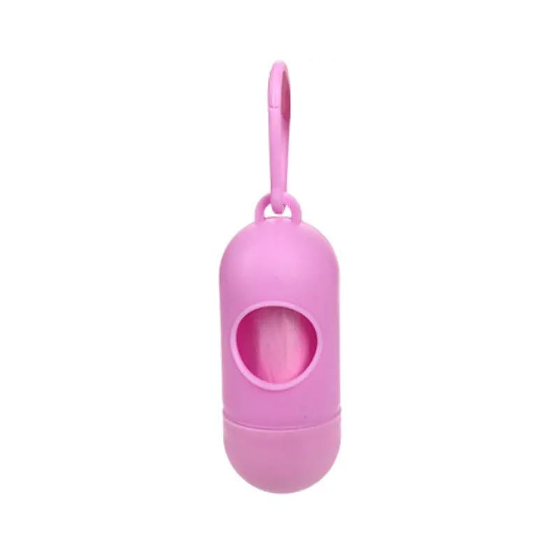 Pink dog poop bag dispenser with strap and circular window