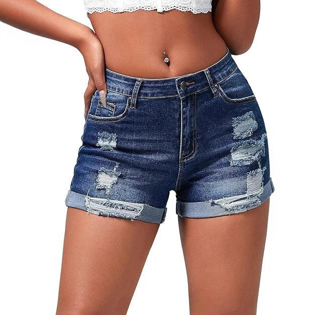 Shorts femme taille haute à ourlet roulé et trou élastique Streetwear Spicy Girl en jean