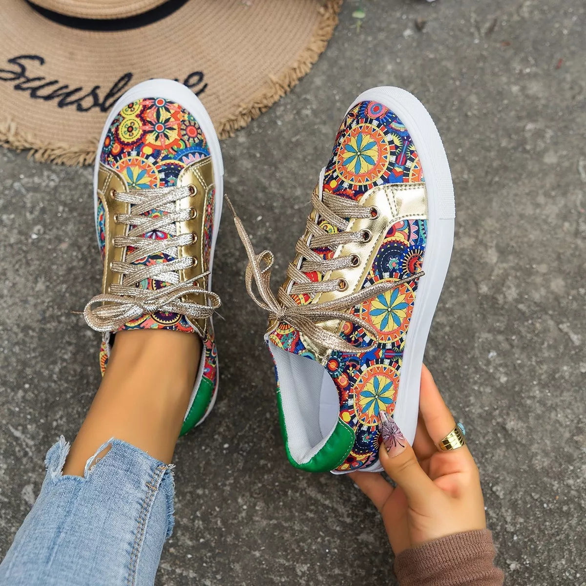 Trendsi Printed round toe sneakers, colorful mandala print with metallic gold panels, lace-up pair