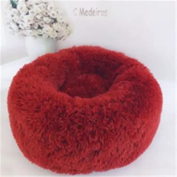 Round long-haired plush donut cat bed, red nest pad for autumn/winter, AdTec