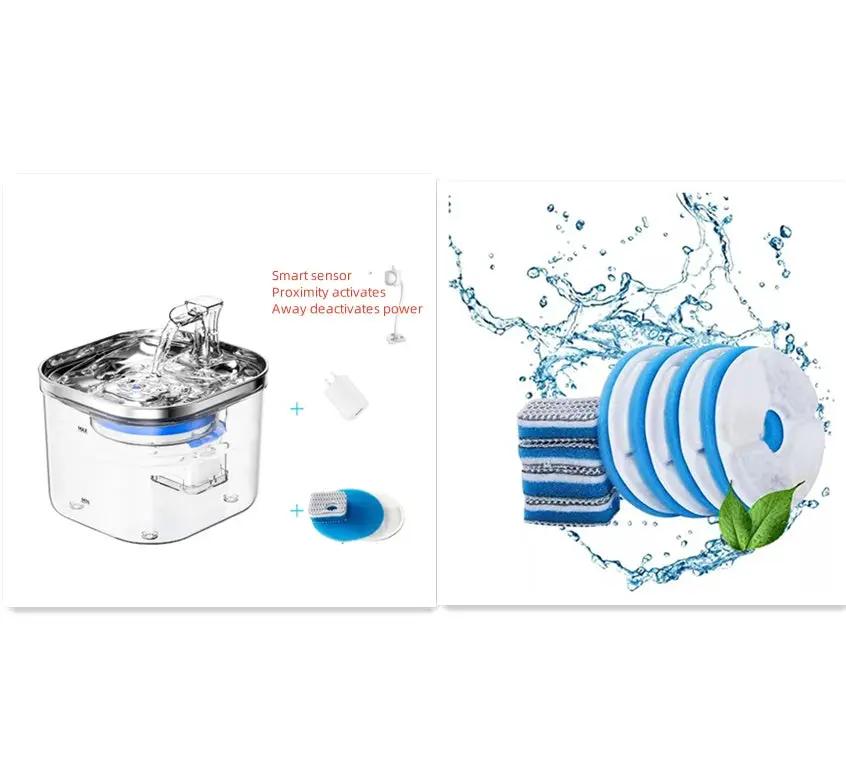AdTec pet stainless steel automatic water fountain with transparent reservoir and blue accents; includes filters