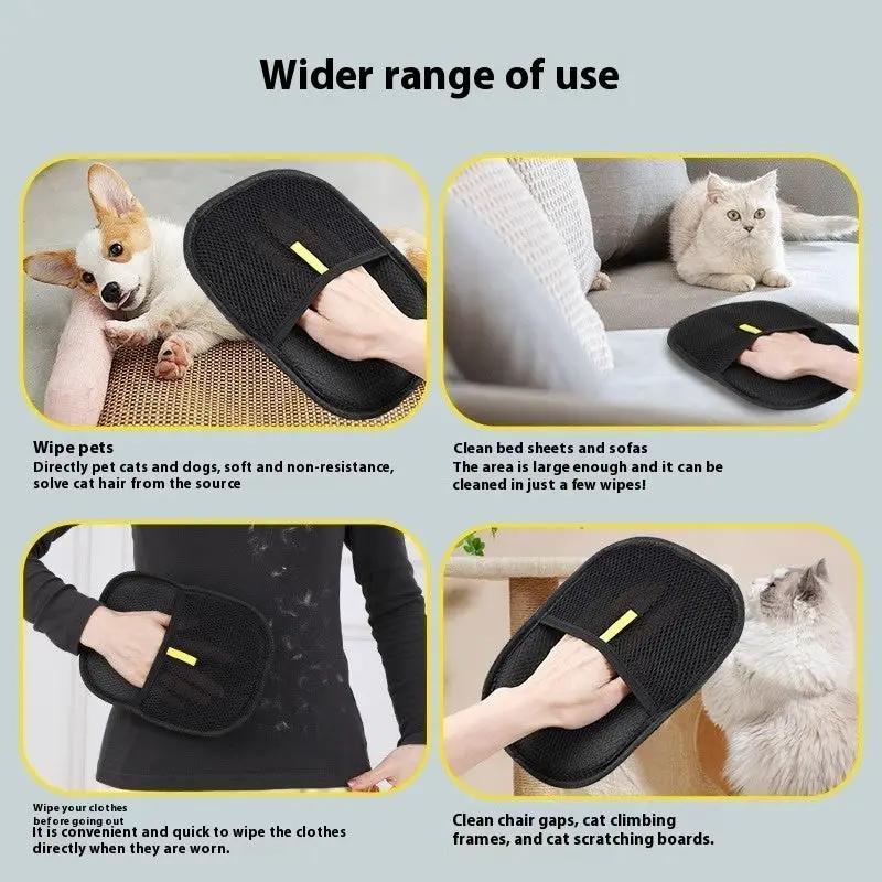 Pet Hair Remover Mitt in black with yellow tab; deshedding glove for dogs, cats, and small animals.